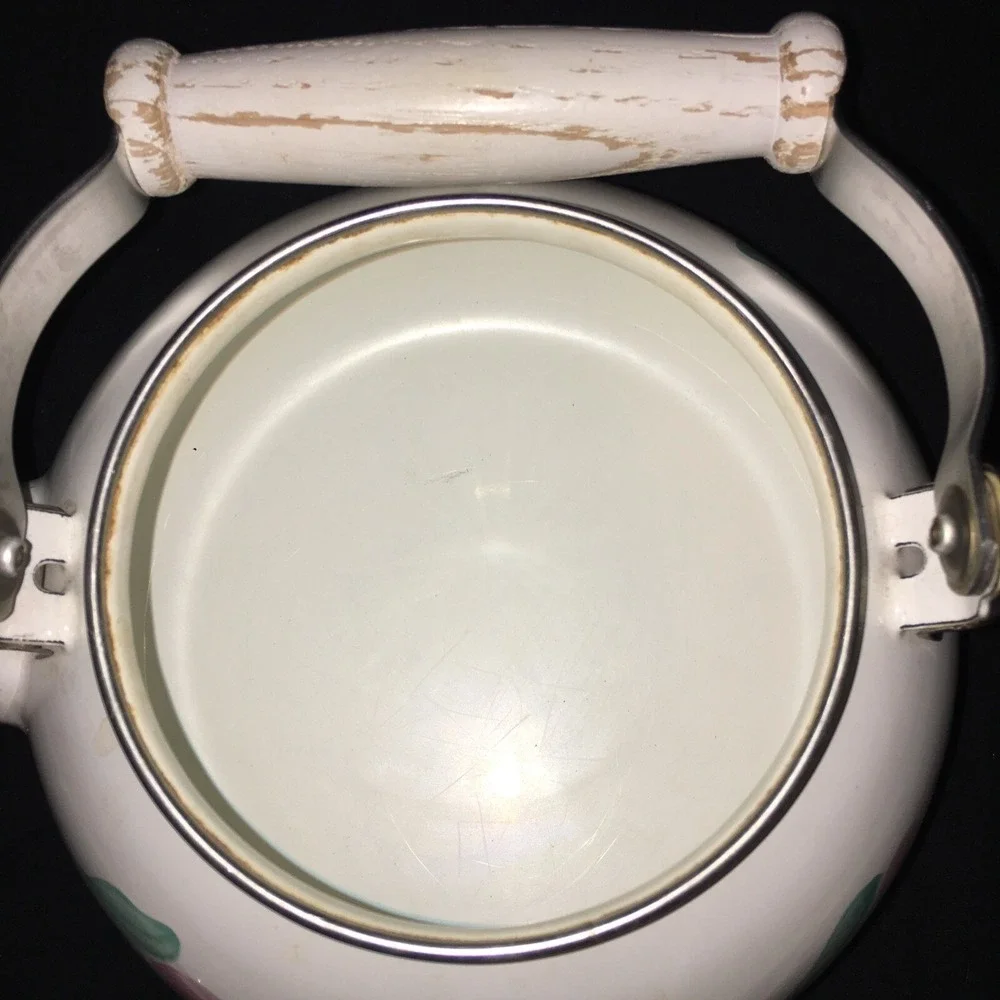 Vtg. Metal Tea Pot w/Wooden Handle & Knob on Lid White w/Pink Flowers Capri 1989